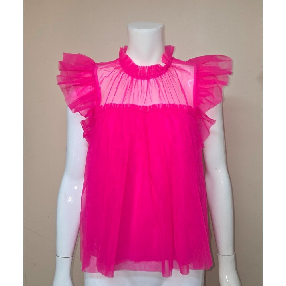 Anthropologie Sunday in Brooklyn Hot Pink Frilled Tulle Ruffle Blouse Size M NEW